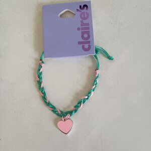 NWT Claire's green and pink braided bracelet with pink enamel heart charm
